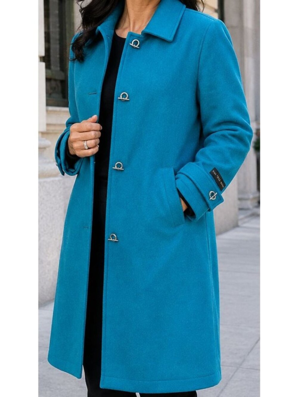 Vintage 90s Harve Benard 8 Turquoise 100% Wool Long Coat Silver Hardware NEW